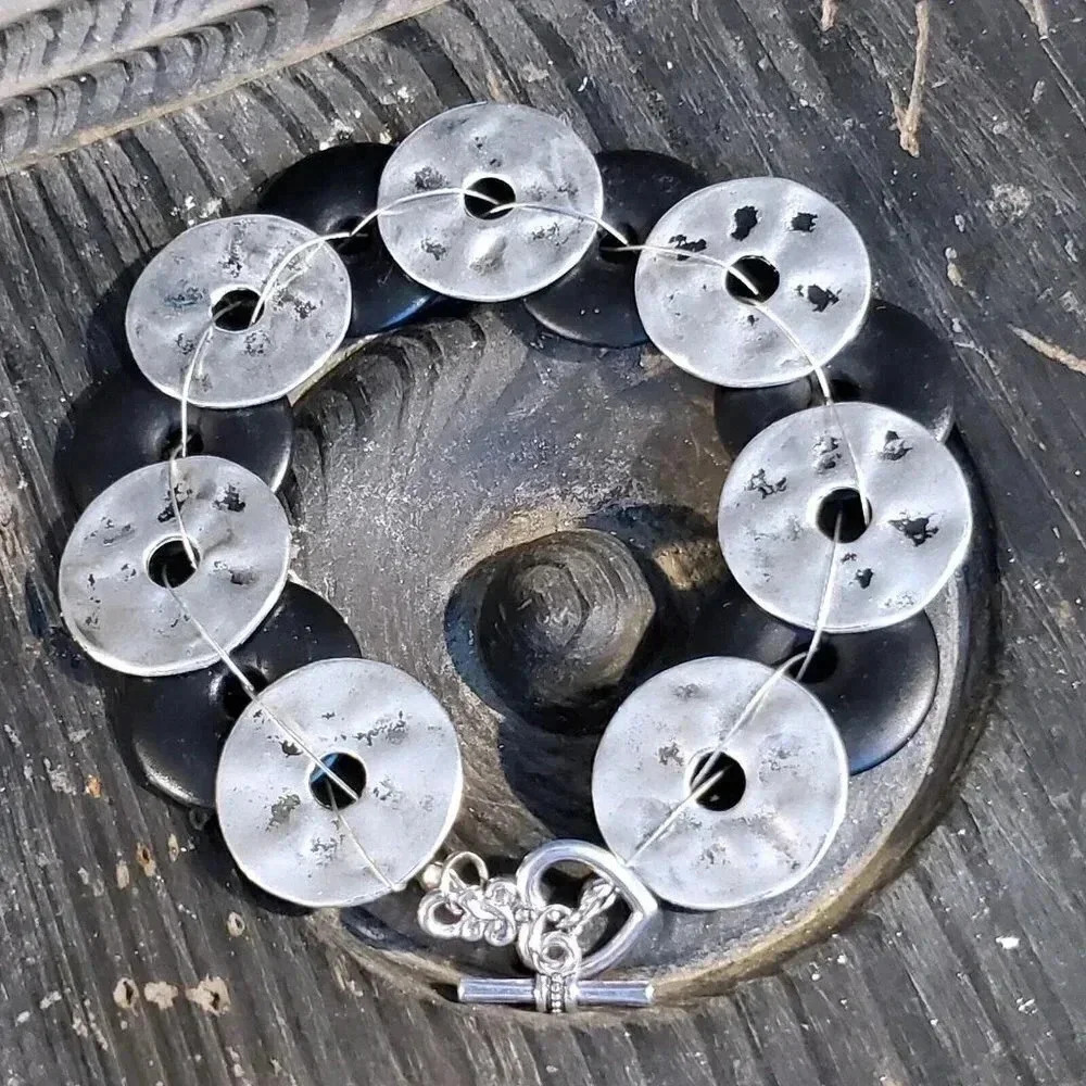 Mid Century Modern Style Handcrafted Black Silver Satin Disc Beads Bracelet